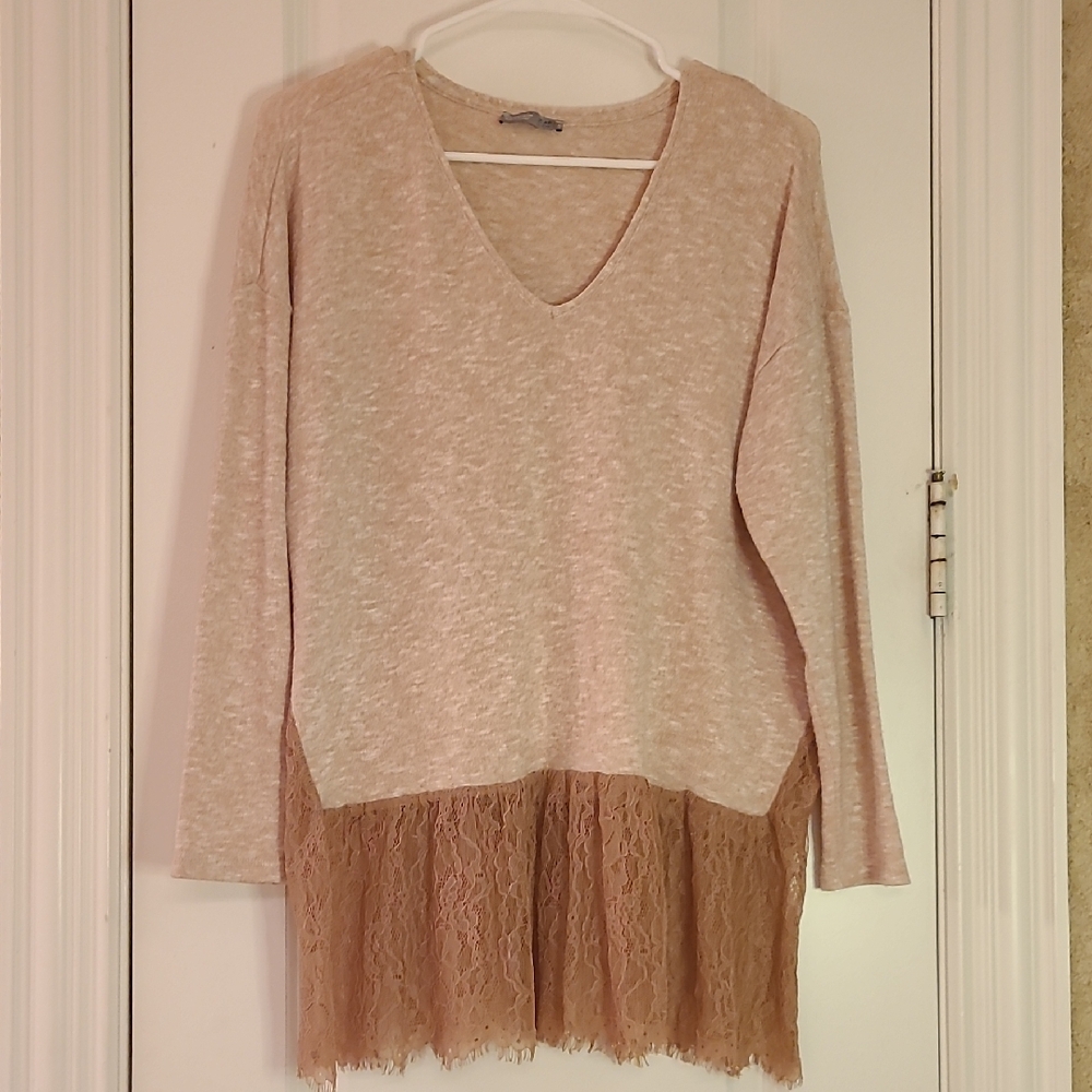 Zara Boho V Neck Sweater Pink Heather With Tan Lace Hem Oversized Size Small